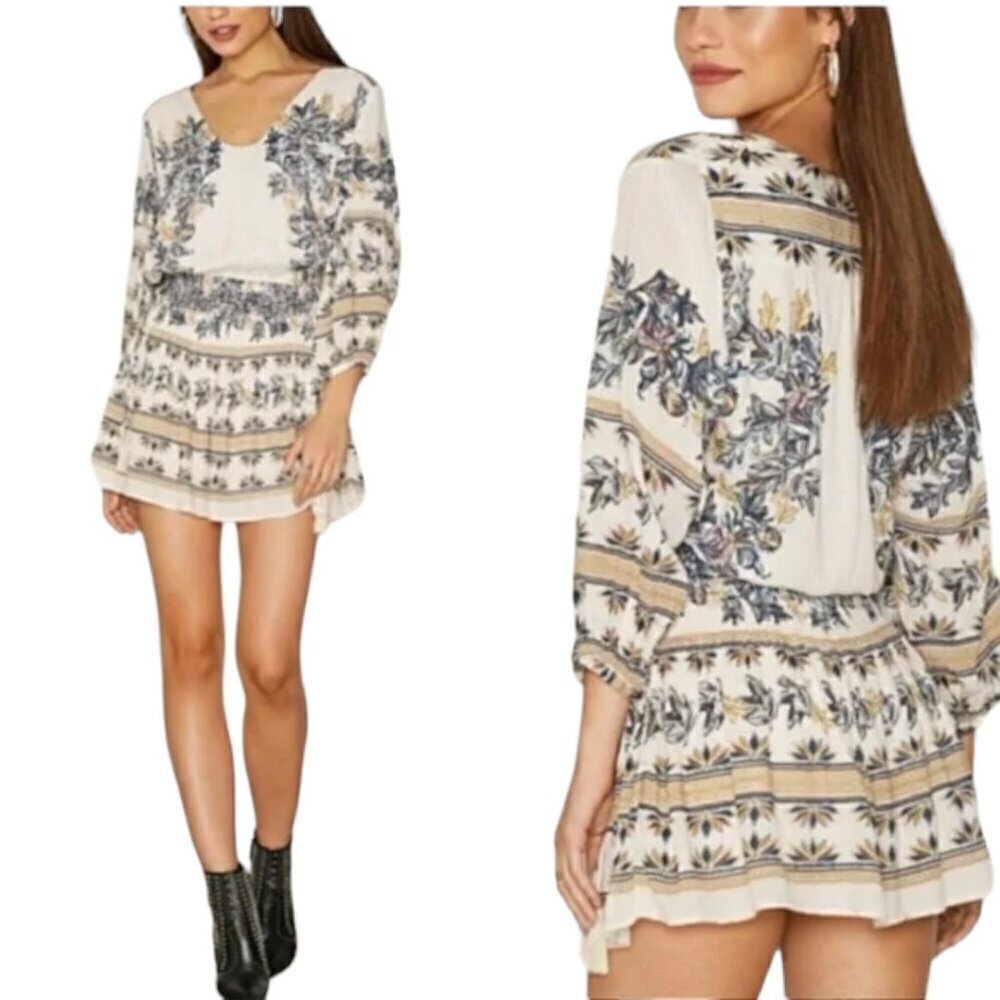 Free People Moonlight Drive Boho Mini Dress Blue Ivory